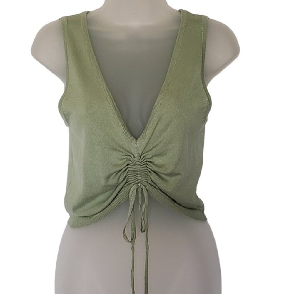 36Point5 Crop Top Sweater Womens Size L Light Green Adjustable Tie‎ Front V-Neck